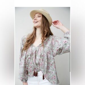 The Fox & The Mermaid Soft Cotton Beige Floral Henley Bohemian Shirt - Small/Med